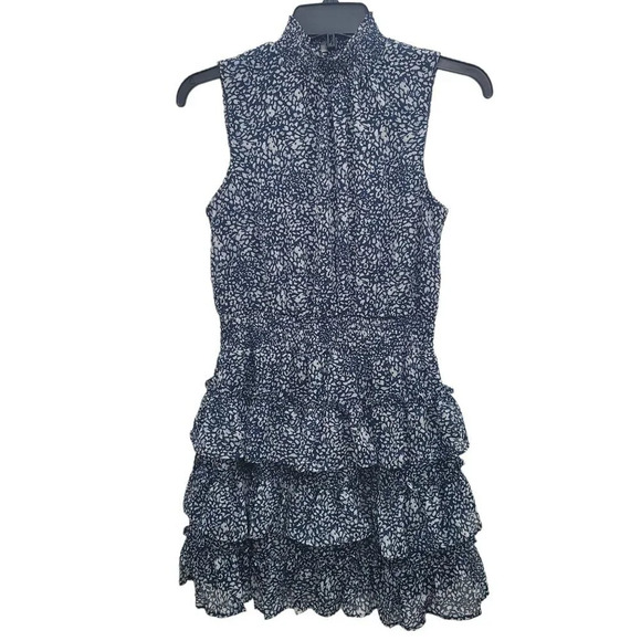 1. State Women's Navy & Grey Animal Print Smocked Ruffle Tiered Dress Size S - Picture 1 of 6